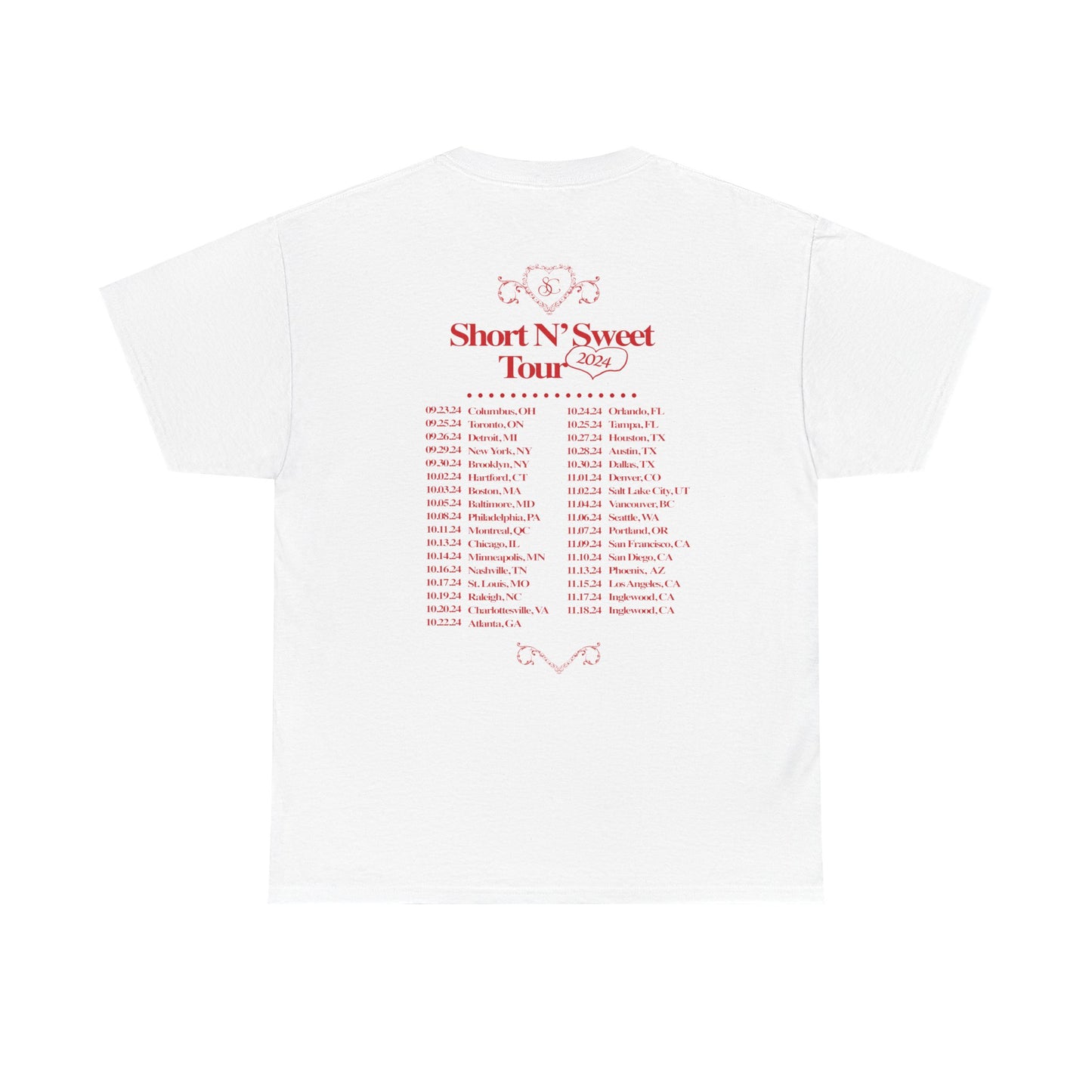 Merch - Sabrina Short n Sweet Red Bed Tour Dates White Tee