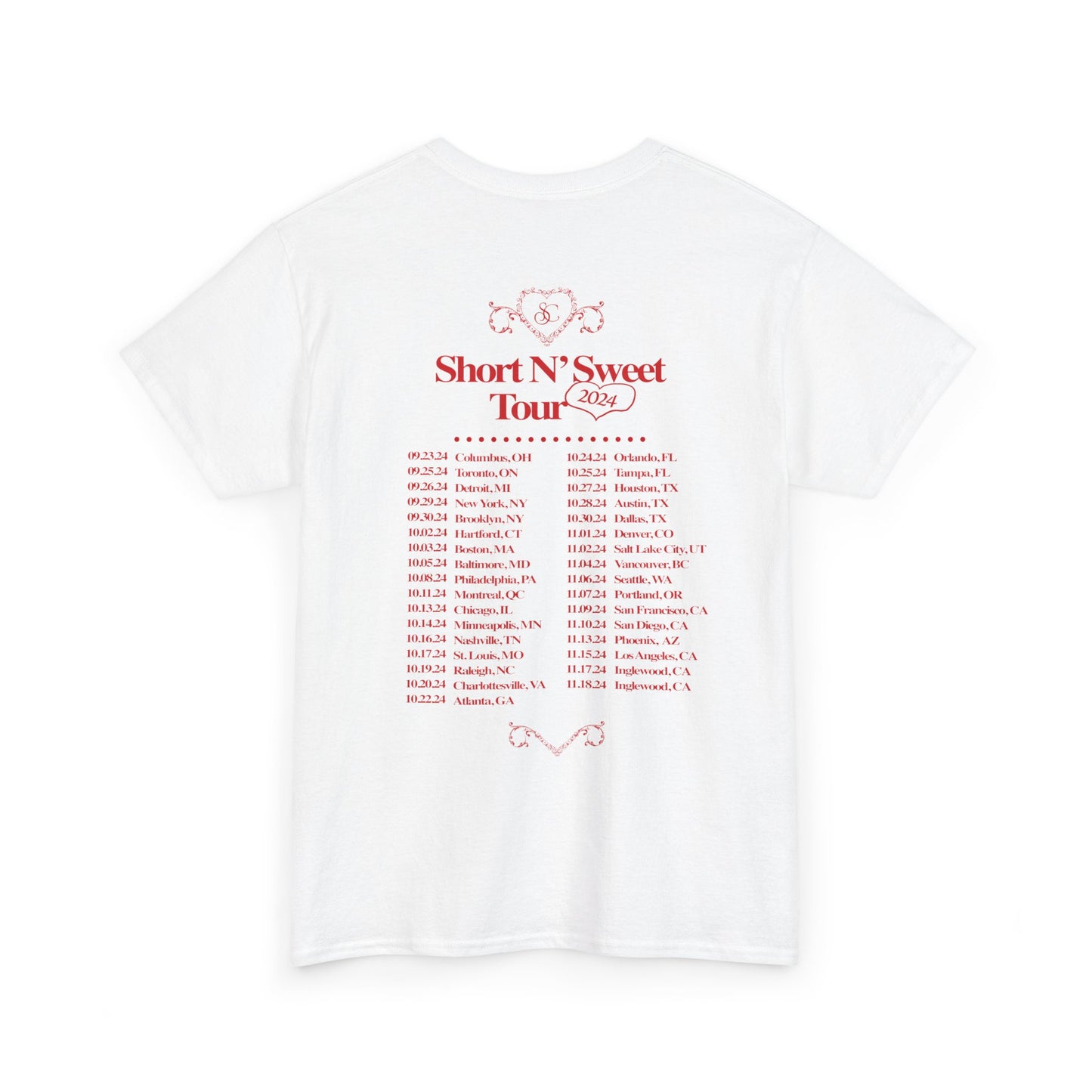 Merch - Sabrina Short n Sweet Red Bed Tour Dates White Tee
